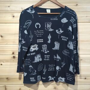 Jess & Jane Top Womens XL Black Western Collage Cowboy Printed Art to Wear